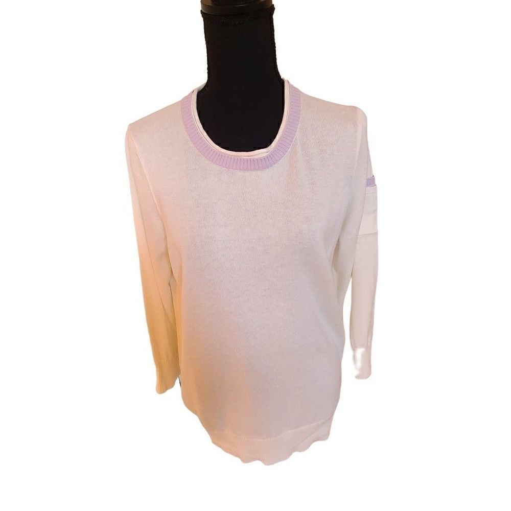 Evelyn and Arthur Womens Crewneck Cotton Blend White and Lavender Sweater Medium